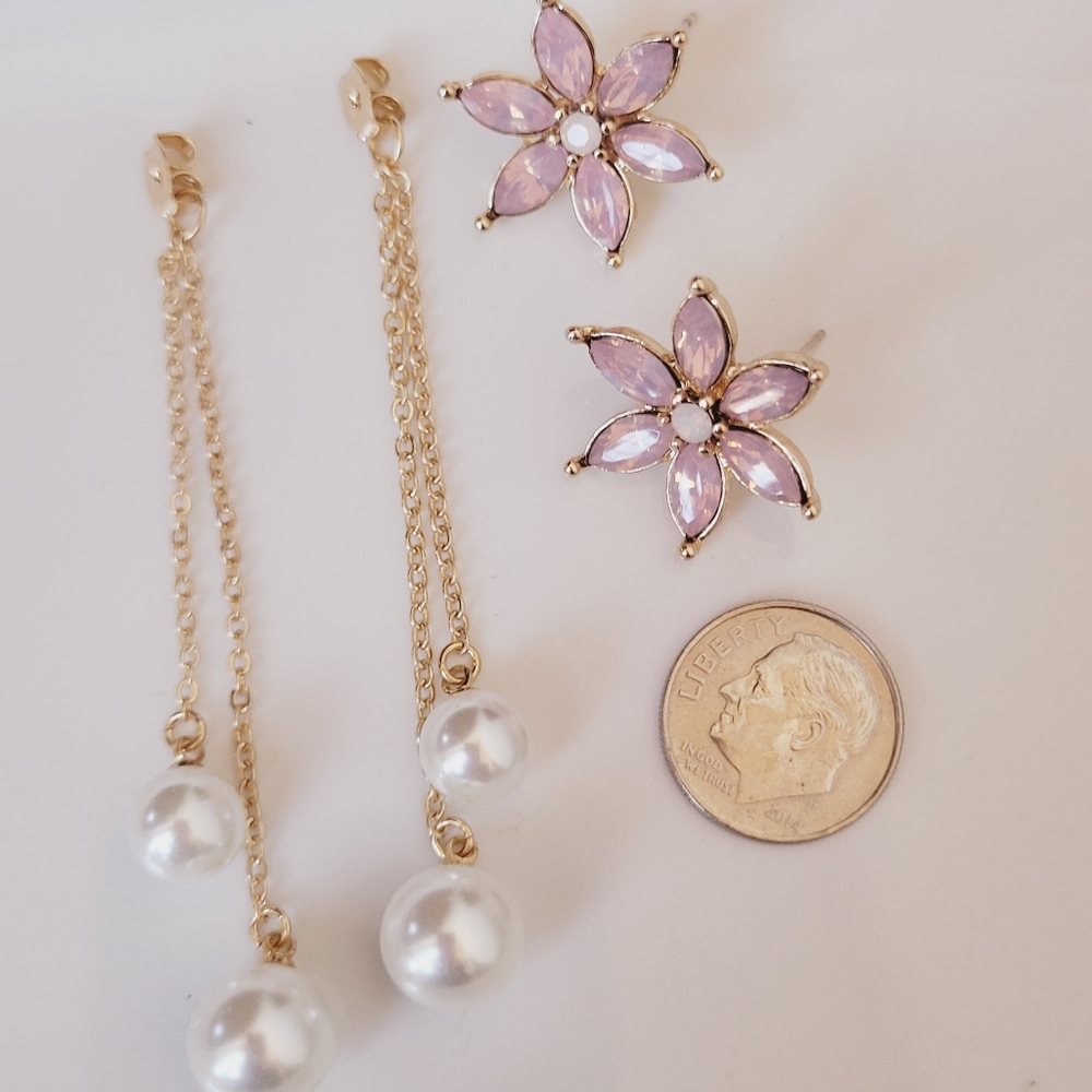 NWT-Flower Dangle Double Pearl Detachable Earrings - Picture 6 of 11